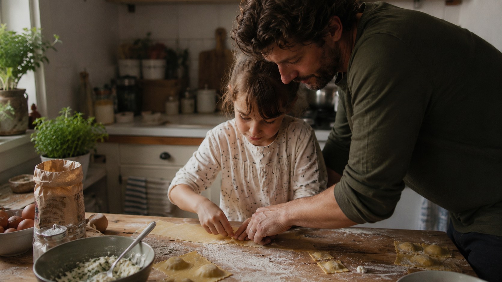 An adult and younger cook preparing dinner together in a real kitchen.