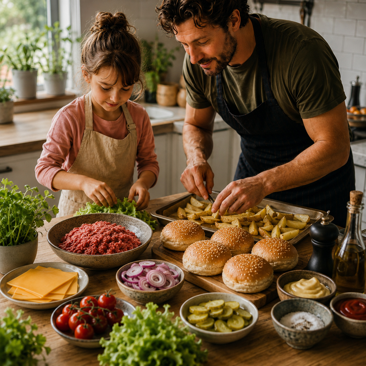 A family sharing homemade burgers.