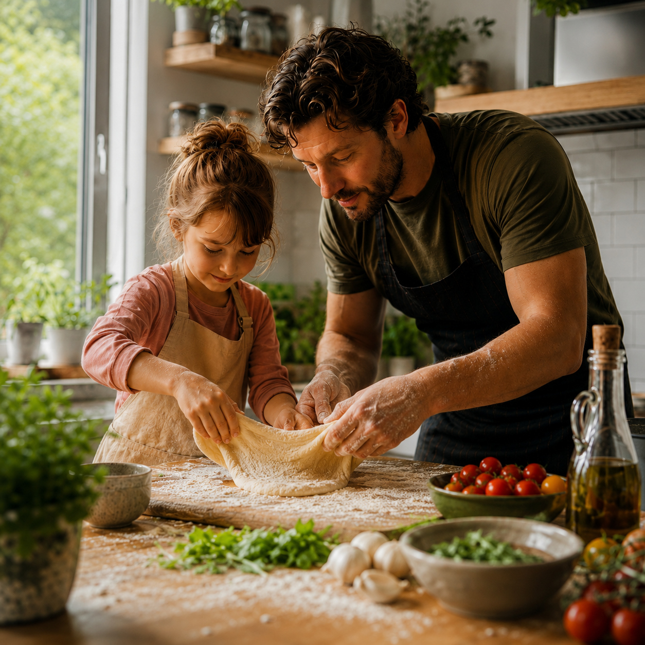 An adult and younger cook making pizza together.